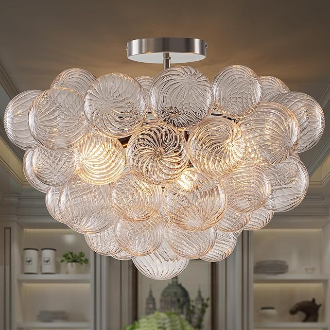 Hand Blown Glass Bubble Ball Chandelier Nickel-Plated 20" Semi Flush Mount Ceiling Light Art Deco Cluster Ribbed Blown Glass Globe Lighting for Bedroom Dining Table Entryway