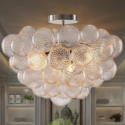 Hand Blown Glass Bubble Ball Chandelier Nickel-Plated 20" Semi Flush Mount Ceiling Light Art Deco Cluster Ribbed Blown Glass Globe Lighting for Bedroom Dining Table Entryway