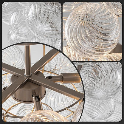 Hand Blown Glass Bubble Ball Chandelier Nickel-Plated 20" Semi Flush Mount Ceiling Light Art Deco Cluster Ribbed Blown Glass Globe Lighting for Bedroom Dining Table Entryway