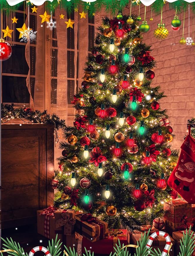 C7 LED Christmas Lights, 25Ft Vintage C7 Christmas Lights with 27 LED Clear Red Green White Bulbs, Hanging Connectable Xmas String Lights for Patio Garden Holiday Home Xmas Decor