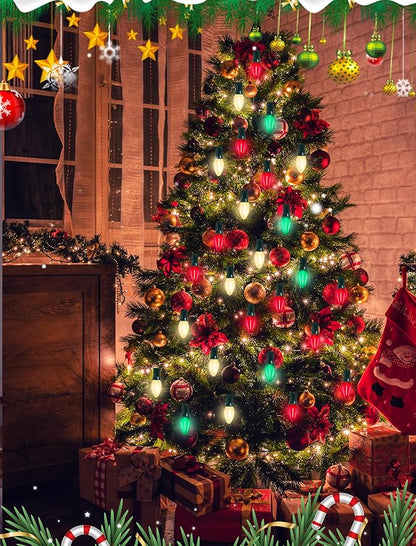 C7 LED Christmas Lights, 25Ft Vintage C7 Christmas Lights with 27 LED Clear Red Green White Bulbs, Hanging Connectable Xmas String Lights for Patio Garden Holiday Home Xmas Decor