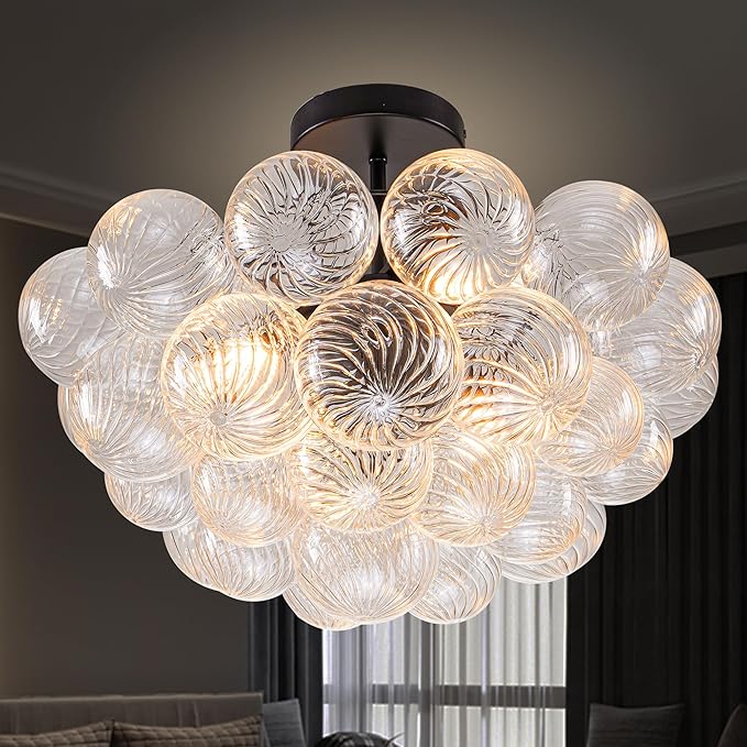 Hand Blown Glass Bubble Ball Chandelier Black Finish 24" Semi-Flush Mount Ceiling Light Fixtures Art Deco Cluster Ribbed Glass Globe Lighting for Dining Room Living Entry Farmhouse