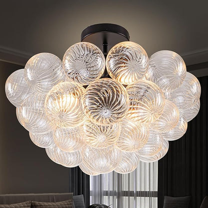 Hand Blown Glass Bubble Ball Chandelier Black Finish 24" Semi-Flush Mount Ceiling Light Fixtures Art Deco Cluster Ribbed Glass Globe Lighting for Dining Room Living Entry Farmhouse