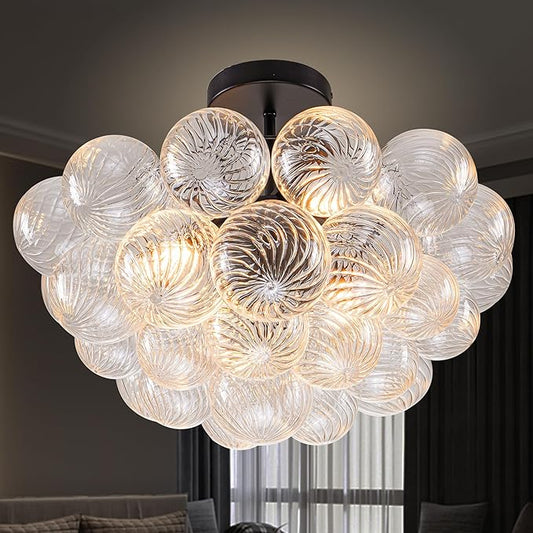 Hand Blown Glass Bubble Ball Chandelier Black Finish 24" Semi-Flush Mount Ceiling Light Fixtures Art Deco Cluster Ribbed Glass Globe Lighting for Dining Room Living Entry Farmhouse