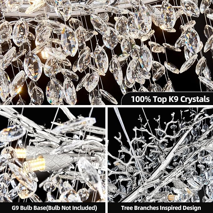 Modern Tree Branch Crystal Chandelier 47.2" Sliver Large Rectangular Pendant Lighting 14-Light K9 Crystal Chandeliers for Dining Room Kitchen Living Room Foyer Entryway (Sliver, L47.2"-Rectangle)
