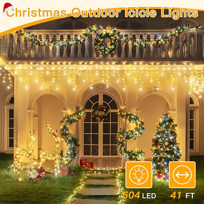 Ollny Icicle Lights for Outside 504LED 41FT, Warm and Cool White Christmas Light with Remote 8Modes Timers Waterproof, Plug in Connectable Hanging Lights for Outdoor Indoor House Roof Holiday