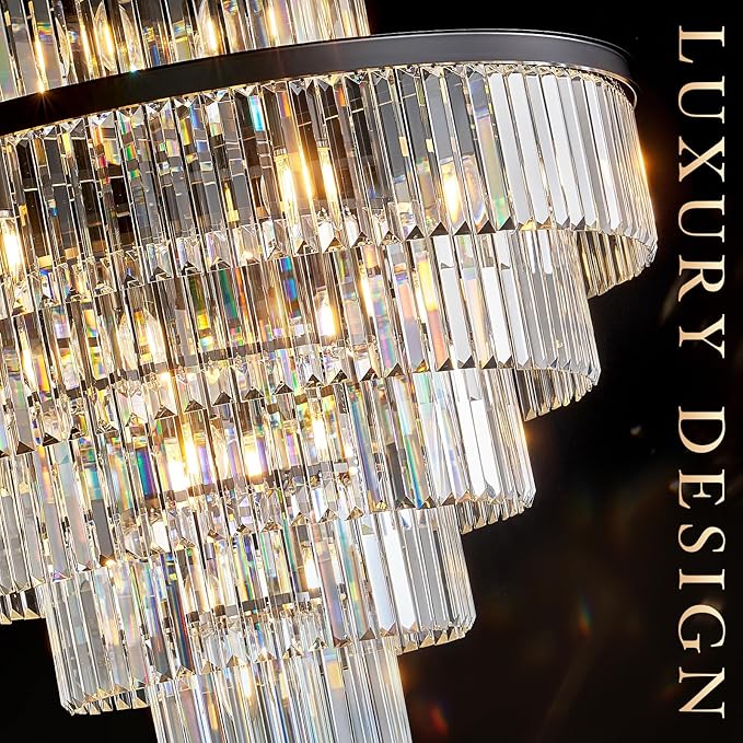 CATINER Large Crystal Chandeliers 23 Lights 36" Modern Black Luxury Chandelier for Foyer Staircase Chandeliers 6 Tiers Round K9 Ceiling Pendant Lighting Fixture for Living Dining Room