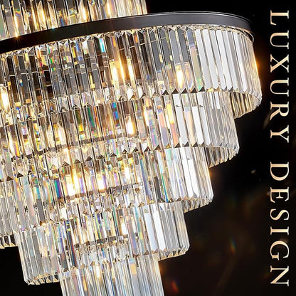 CATINER Large Crystal Chandeliers 23 Lights 36" Modern Black Luxury Chandelier for Foyer Staircase Chandeliers 6 Tiers Round K9 Ceiling Pendant Lighting Fixture for Living Dining Room