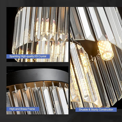 21.65" Black Crystal Ceiling Light 10-Light Modern Crystal Ceiling Light Fixture 3-Tier Luxury K9 Crystal Ceiling Light,for Dining Room Kitchen Island Living Room Bedroom