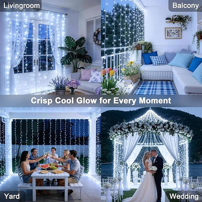 JMEXSUSS 9.5x29.5ft Curtain Lights Indoor Outdoor Decor with Remote, 900LED White Christmas Lights Plug in, Hanging String Lights for Bedroom, Wall, Window, Patio, Garden, Wedding, Reception, Backdrop