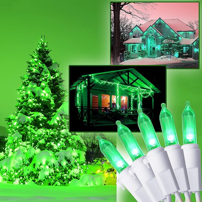 Holiday Essence - 100 LED Green Christmas Lights Set 26.9 Ft White Wire Indoor & Outdoor Holiday Décor for Christmas Tree St. Patrick's Day Easter Traditional Decoration UL Certified