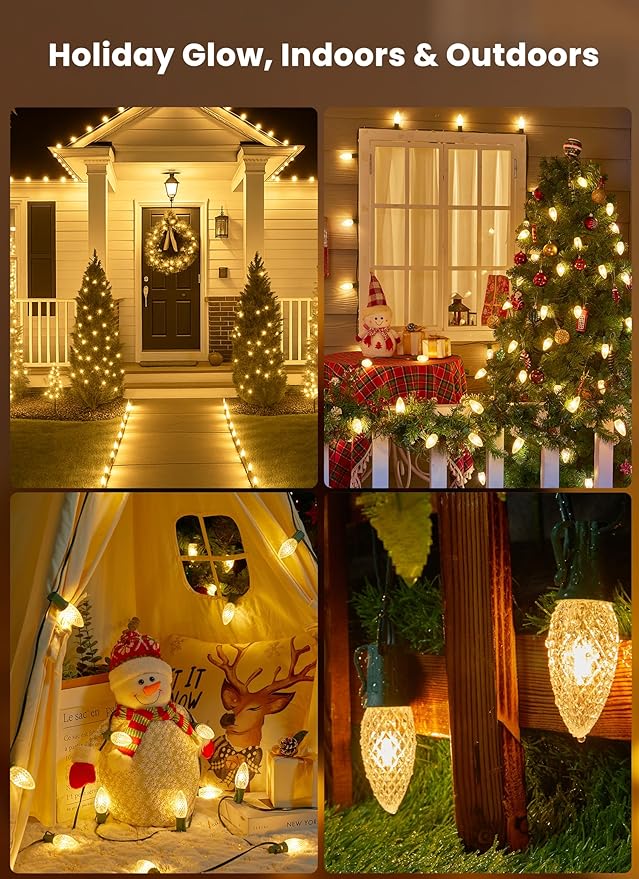 C9 Christmas Pathway Lights Outdoor, 25.7 Feet 20 LED C9 Strawberry Walkway Lights with Marker Stakes, Connectable Shatterproof C9 String Lights for Lane Outside Yard Decorations, Warm White, 4 Pack