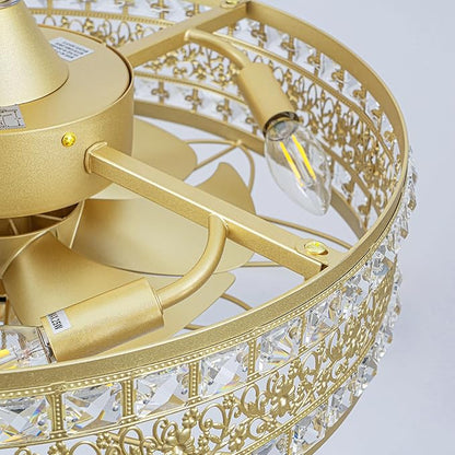 Gold Chandelier Light Fixture, 6-Light Champagne French Rococo Crystal Fandelier Ceiling Fan with Light, Coquette Decorative Bladeless Enclosed Caged Pendant for Dining Room, Bedroom, Living Room