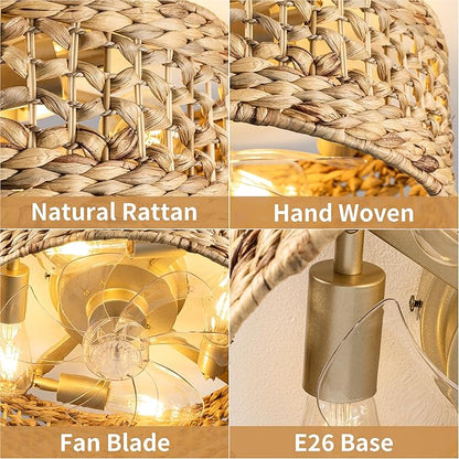Handwoven Boho Ceiling Fan with Light,Rattan Caged Ceiling Fans with Lights and Remote Control Flush Mount Low Profile Enclosed 6 Speeds Fandelier for Bedroom,Living Room,Dining Room,4-Light