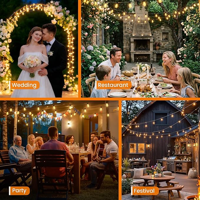 Outdoor String Lights, 25FT Patio Lights with 13 Shatterproof S11 Bulbs (1 Spare), IP65 Waterproof & Connectable, 2200K Warm White LED Hanging Lights for Cafe, Garden, Porch, Party Decor