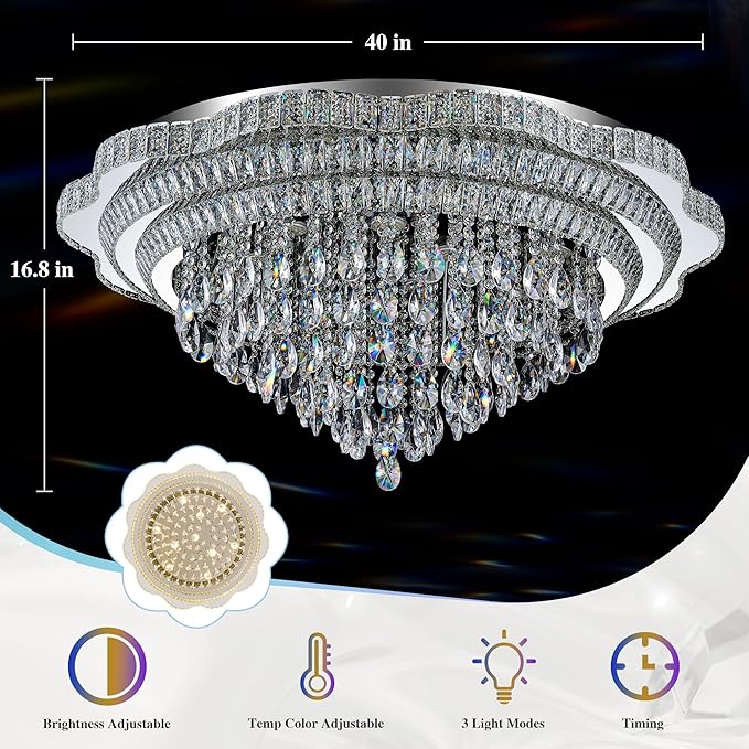 Silver LED Crystal Ceiling Light for Living Room, 40" Modern Large Flush Mount Chandelier with K9 Crystal Raindrop,Elegant Lighting Fixture with Remote Control for Hallway Dinning Room