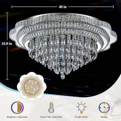 Silver LED Crystal Ceiling Light for Living Room, 40" Modern Large Flush Mount Chandelier with K9 Crystal Raindrop,Elegant Lighting Fixture with Remote Control for Hallway Dinning Room