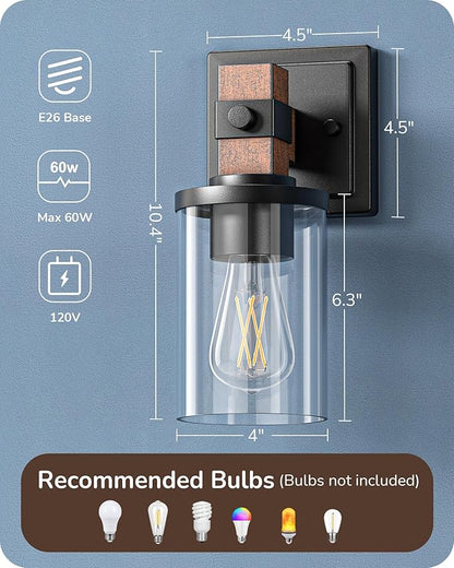 EDISHINE Wall Sconces Set of 2, Farmhouse Vanity Lights Fixtures for Bathroom, 1-Light Faux Wood Rustic Bath Wall Mount Lamp with Clear Glass Shade for Hallway, Living Room, Mirror, Kitchen