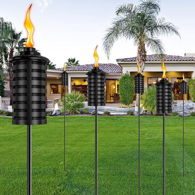 ZSZMFH 4 Pcs Metal Torch for Outside, 16oz Outdoor Metal Torch Garden Décor,59-Inch Upgraded Citronella Torches with 3-Prong Grounded Stake, Table Top Torches for Party Patio Pathway