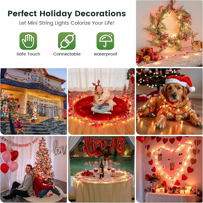 YOUNGAR Clear Christmas Lights Outdoor, 13FT Red&Clear Approved Christmas Tree Lights with Green Wire, Incandescent Mini Light Plug in Indoor Outdoor Tree Patio Garden Xmas Decor,Red Clear,50 Count