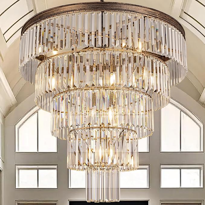 TOCHIC 10 Light Large Crystal Chandelier 31.5 inch, 5-Tier Contemporary Modern Bronze Crystal Chandeliers, Raindrop K9 Round Ceiling Light for Bathroom,Staircase, Entryway, Dining Room, Foyer, Kitchen