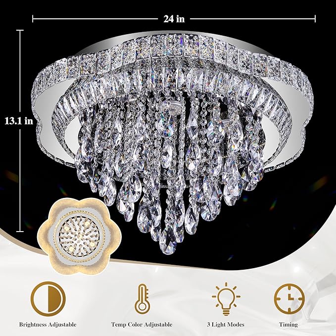 24" Sliver Crystal LED Ceiling Light Fixture with Remote Control,Flush Mount Chandelier with 3-Color Dimmable for Living Room Bedroom Dining Room Hallway - Modern Flower Design