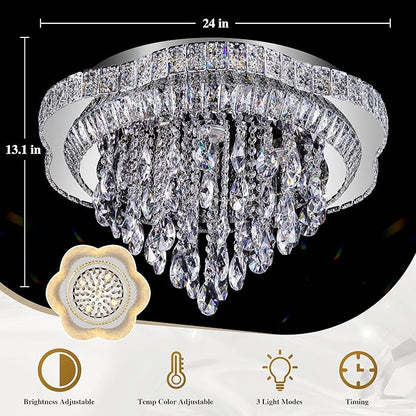 24" Sliver Crystal LED Ceiling Light Fixture with Remote Control,Flush Mount Chandelier with 3-Color Dimmable for Living Room Bedroom Dining Room Hallway - Modern Flower Design