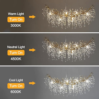 Modern Crystal Tree Branches Chandelier, 40in Gold 10 Lights Large Ceiling Hanging Light for Dining Room, Arc Raindrop Pendant Light Fixture