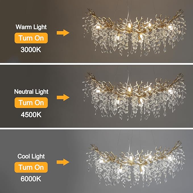 Modern Crystal Tree Branches Chandelier, 47.5in Gold 12 Lights Large Ceiling Hanging Light for Dining Room, Arc Raindrop Pendant Light Fixture