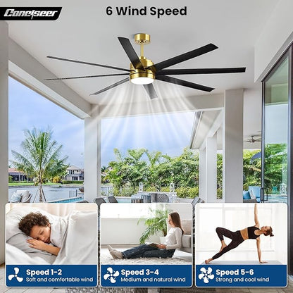 Conciseer 65 Inch Ceiling Fans with Lights and Remote for Bedroom Living Room Kitchen Office, Indoor/Outdoor Use, 6CCT, 8 Blades 6 Speed Reversible Dimmable Quiet DC Motor, Gold/Black