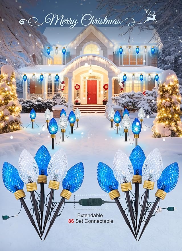 Strawberry Super Jumbo C9 Christmas Pathway Lights Outdoor - 2 Pack Total 22 FT 10 LED Jumbo C9 Pathway Lights, Hanging Christmas Light Outdoor Decorations for Lawn Yard, Blue & Pure White