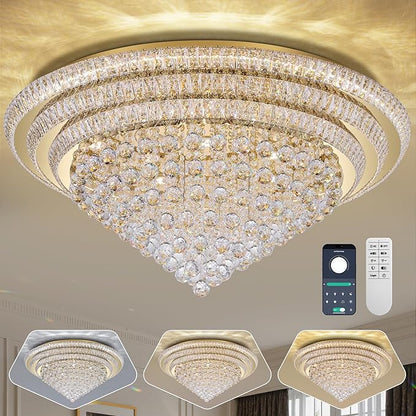 Miuyhji 40" LED Crystal Raindrop Ceiling Light,Rose Gold, Large Elegant Semi Flush Mount Chandelier Light Fixture with Remote Control for Living Room Kitchen Bedroom Hallway Entryway Foyer(Dimmable)
