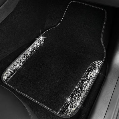 CAR PASS Bling Car Mats Shining Diamond Carpet Crystal Rhinestone Sparkly Glitter Floor Mats with Anti-Slip PVC Pad Universal Fit Automotive SUV,Sedan,Van,4pcs for Girl Women, Black Sliver Diamond