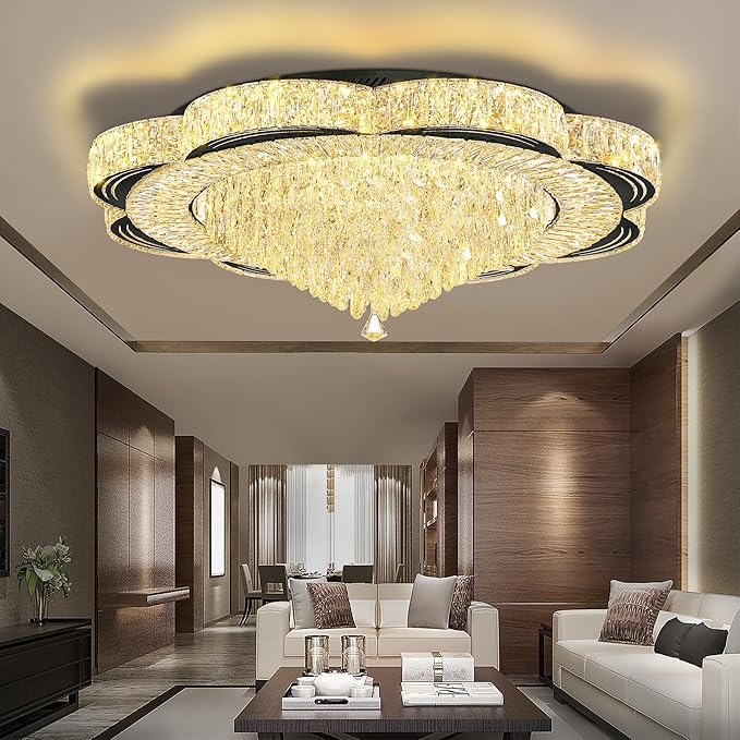 Modern Empire Crystal Chandelier Black 40inches Crystal Raindrop Ceiling Light for Living Room Bedroom LED Infinity Dimmable 3000-6000K