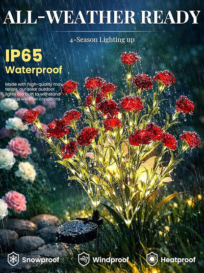 GIGALUMI Solar Lights Outdoor for Garden Decor, 4 Pack Solar Flower Lights Waterproof, 2 Lighting Modes 28 Carnations for Pathway,Yard, Patio Decoration, Gardening Gifts for Women (Red)