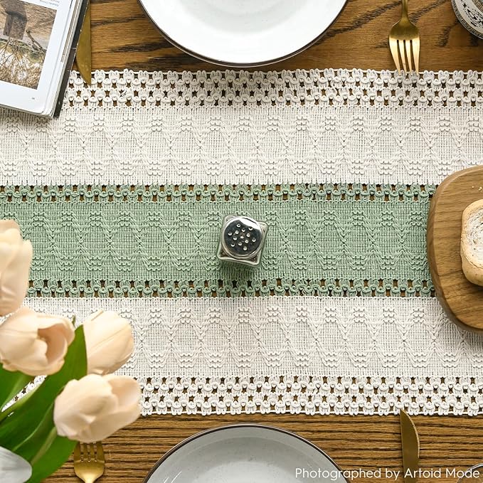 Artoid Mode Light Green Farmhouse Rustic Table Runner, Seasonal Holiday Hollow Kitchen Dining Table Decoration for Home Party Decor 12x36 Inch