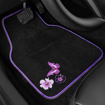 CAR PASS Butterfly Steering Wheel Cover and Waterproof Car Floor Mats,Purple Car Mats 14.5-15inch Steering Wheel Covers Universal Fit for Suvs,Sedans Cars,for Women Girl(Black and Purple)