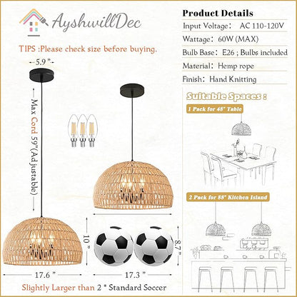 17.6 inch Hemp Rope Woven Pendant Light Wicker Pendant Light 3-light Rattan Light Fixture Boho Chandelier Farmhouse Chandelier Dome Pendants Light for Dining Room Bedroom Kitchen(Bulb Incl