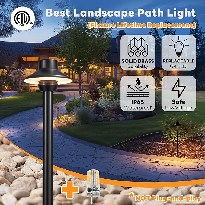 Gardenreet Outdoor Brass Pathway Lights, Low Voltage Landscape Path Light Wired, 12V Walkway Lighting LED IP65 Waterproof, Hat Black for Outside Garden Yard with 2700K Warm White G4 Bulb (4 Pack)