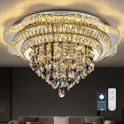 Silver 30" Modern Flush Mount Chandelier for Living Room, LED Crystal Ceiling Light for Bedroom,Elegant Dining Room Lighting Fixture with Remote Control, 3CCT Dimmable
