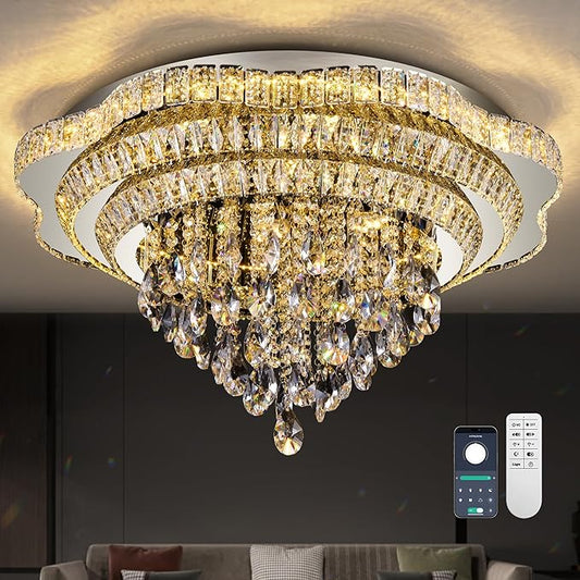 Silver 30" Modern Flush Mount Chandelier for Living Room, LED Crystal Ceiling Light for Bedroom,Elegant Dining Room Lighting Fixture with Remote Control, 3CCT Dimmable