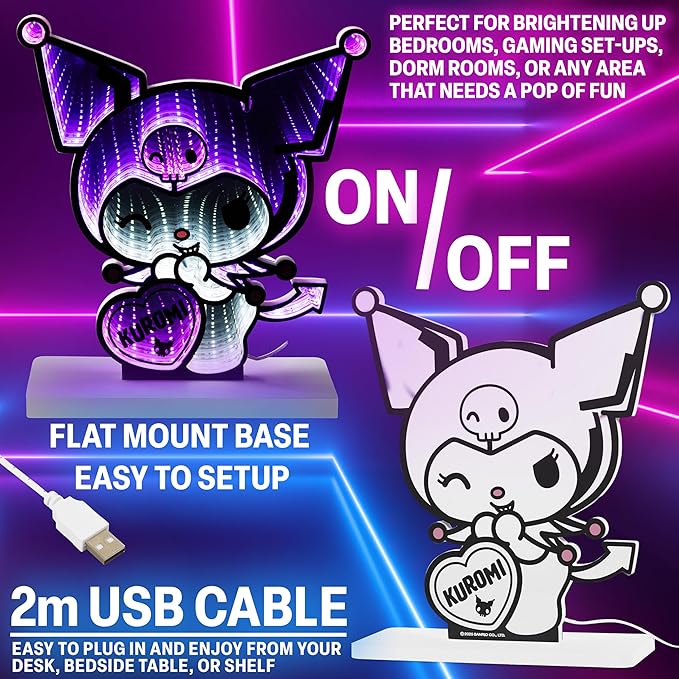 Get Trend Hello Kitty Sanrio 3D LED Light, Infinity Mirror Effect, USB Night Light, Room Decor Bedroom Lamp, Kuromi Kawaii Gifts for Girls Teens Women (Multi Kuromi)