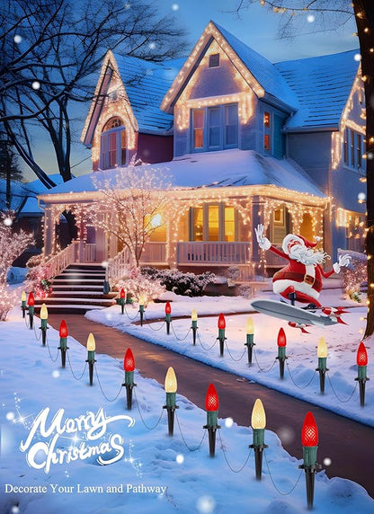 C9 LED Christmas String Lights Outdoor, 26 Feet 20 LED Christmas Pathway Lights with 20 Plastic Stakes, Connectable Waterproof for Driveways Xmas Holiday Patio Decoration, Red and Warm White