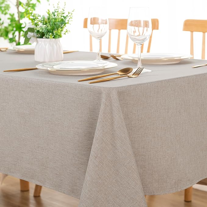 DWCN Faux Linen Tablecloth Rectangle - Fabric Waterproof Spill-Proof Wrinkle and Stain Resistant Tablecloths Decorative Farmhouse Table Cover for Kitchen Dining Party, 54 x 80 Inch, Stone
