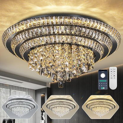 30 inch Crystal Flush Mount Black Chandelier, Modern Raindrop LED Ceiling Light, 3CCT Dimmable & Brightness Adjustable,Remote/APP ,Elegant Chandeliers for Bedroom Hallway Dinning Room Living Room