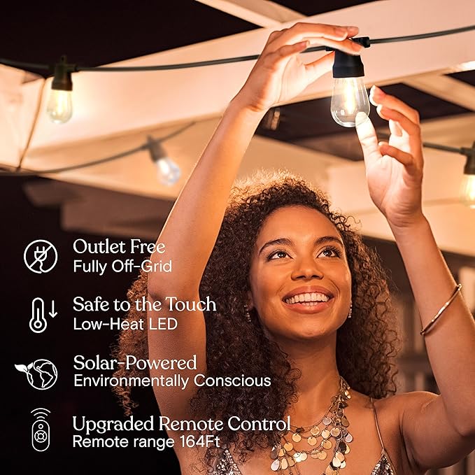 Brightech Ambience Hybrid Outdoor String Lights - Dual Plug and Solar Powered Waterproof LED Light String for Outside - Dimmable Color Changing Edison Bulbs for Camping, Patio, Cafe, Yard - 104ft, 7W