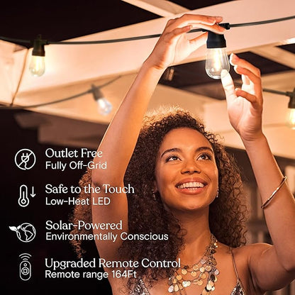 Brightech Ambience Hybrid Outdoor String Lights - Dual Plug and Solar Powered Waterproof LED Light String for Outside - Dimmable Color Changing Edison Bulbs for Camping, Patio, Cafe, Yard - 104ft, 7W