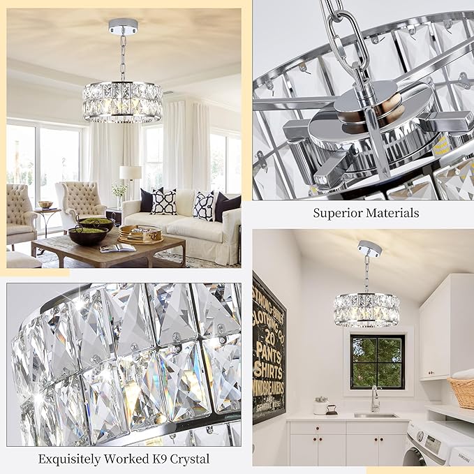 Modern Small Crystal Chandelier, 4-Light Round Pendant with Chrome Finish, Semi-Flush Mount Ceiling Light, 12" Diameter, Chrome Chandelier for Dining Areas, Kitchens & Hallways