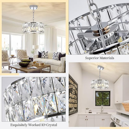 Modern Small Crystal Chandelier, 4-Light Round Pendant with Chrome Finish, Semi-Flush Mount Ceiling Light, 12" Diameter, Chrome Chandelier for Dining Areas, Kitchens & Hallways