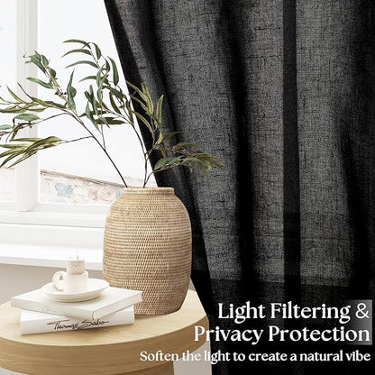 Black Linen Cafe Curtains 30 Inch Length 2 Panels Privacy Light Filtering Semi Sheer Front Door Small Window Treatment Boho Farmhouse Rod Pocket Short Curtains for Bathroom Kitchen Basement RV 26x30